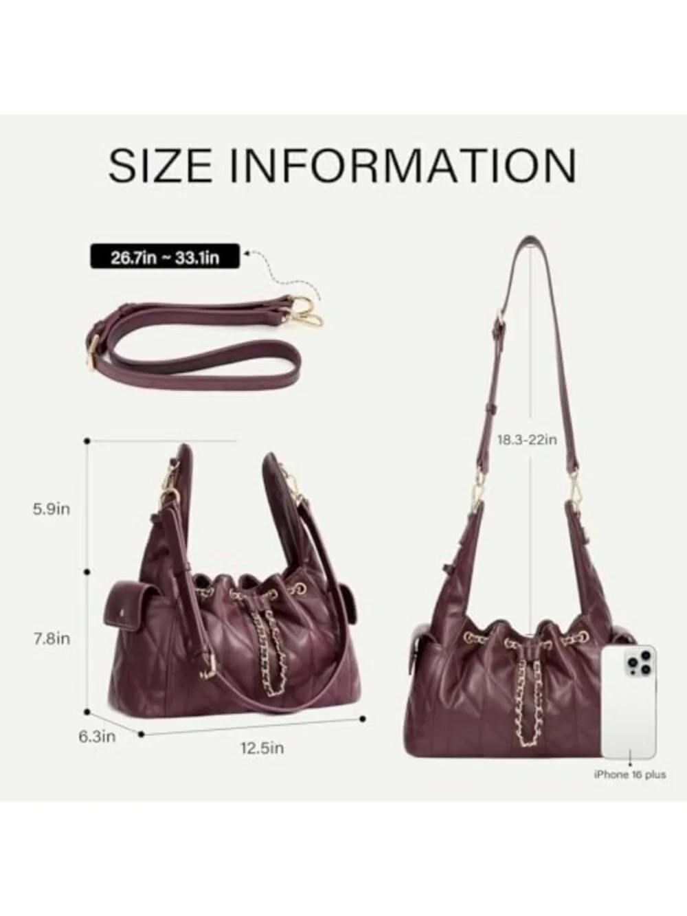 Quilted Leather Tote Bag for Women, Soft Slouchy Hobo Purse with Adjustable